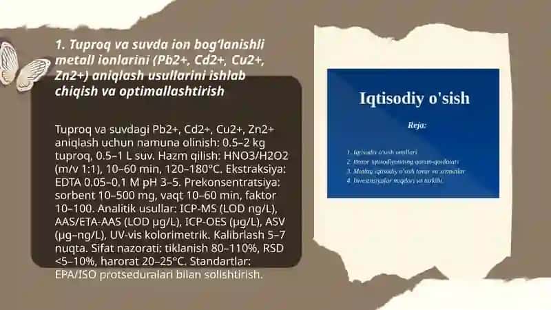 Tuproq va suvda ion bog‘lanishli metall ionlarini (Pb2+, Cd2+, Cu2+, Zn2+) aniqlash usullarini ishlab chiqish va optimallashtirish 3