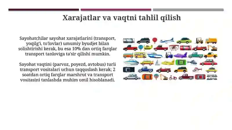 Turizmda transport turlarini baholash yo'llari 3