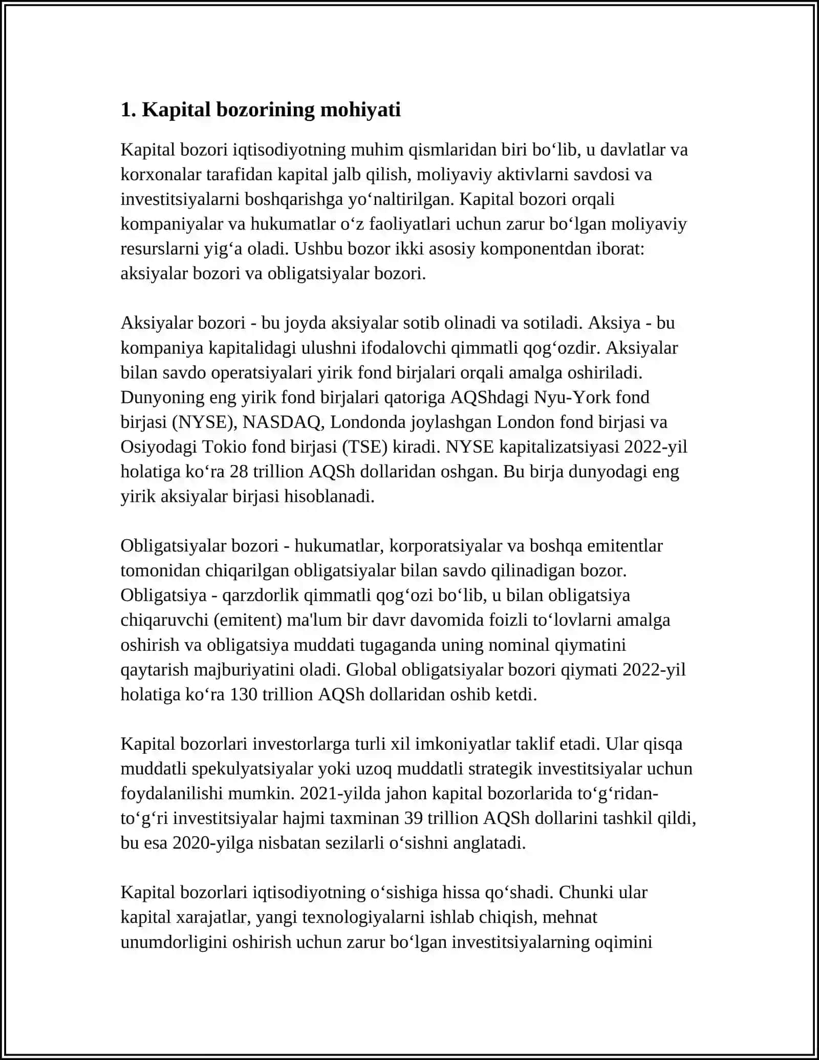 MUSTAQIL ISH Mavzu: KAPITAL QO'YILMALAR VA KAPITAL BOZORI 3
