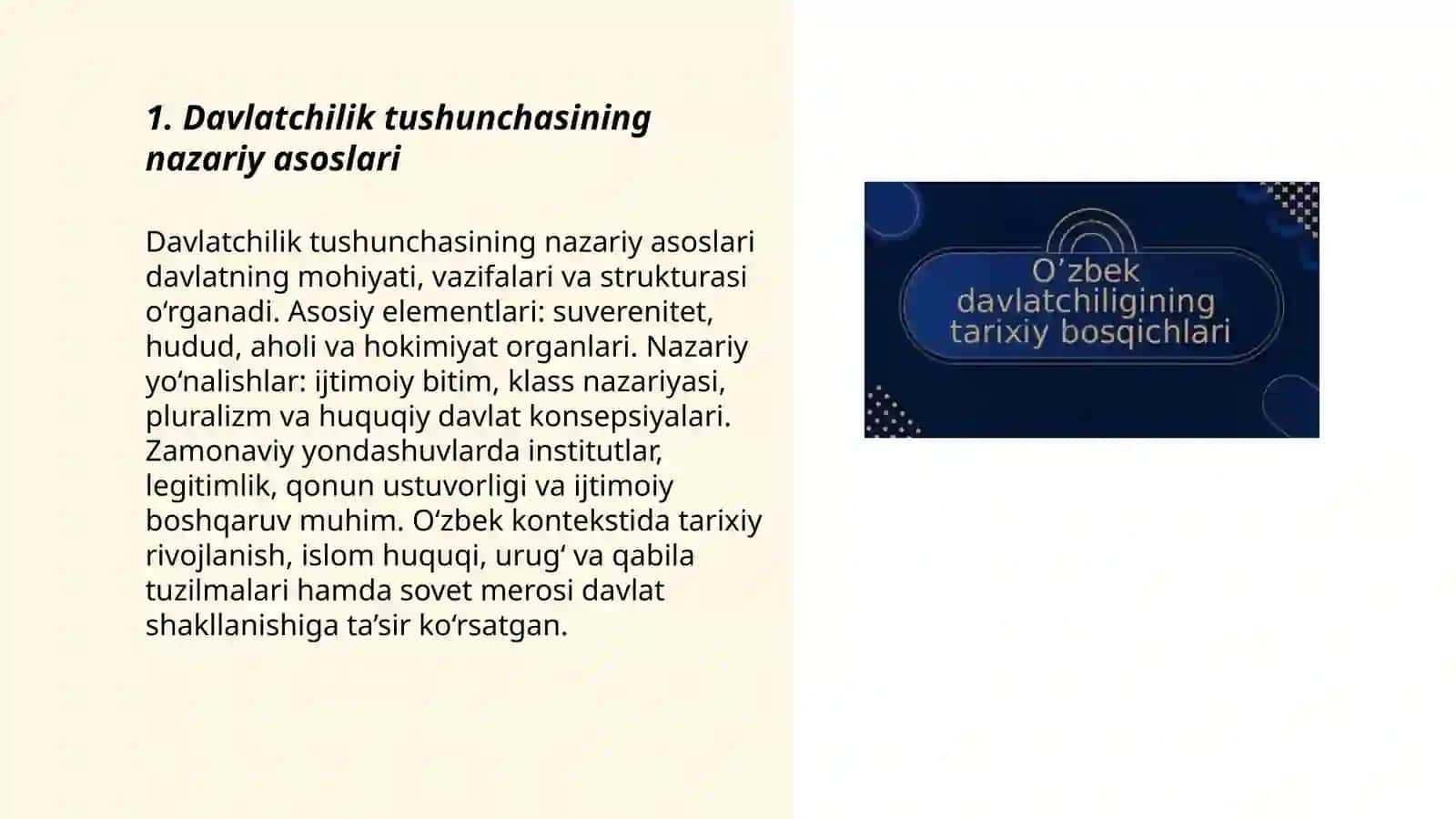 Davlatchilik tushunchasi.O'zbek davlatchiligi va uning tarixiy tushunchasi 3