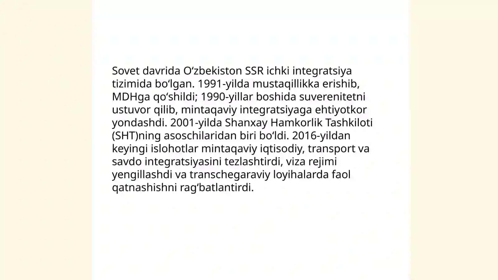 Oʻzbekistonning integratsion jarayonlardagi ishtiroki 3