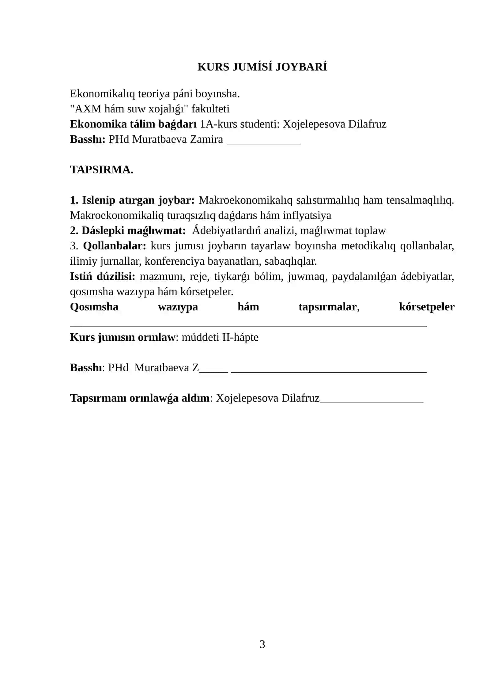 Makroekonomikalıq salıstırmalılıq ham tensalmaqlılıq. Makroekonomikaliq turaqsızlıq daǵdarıs hám inflyatsiya 3