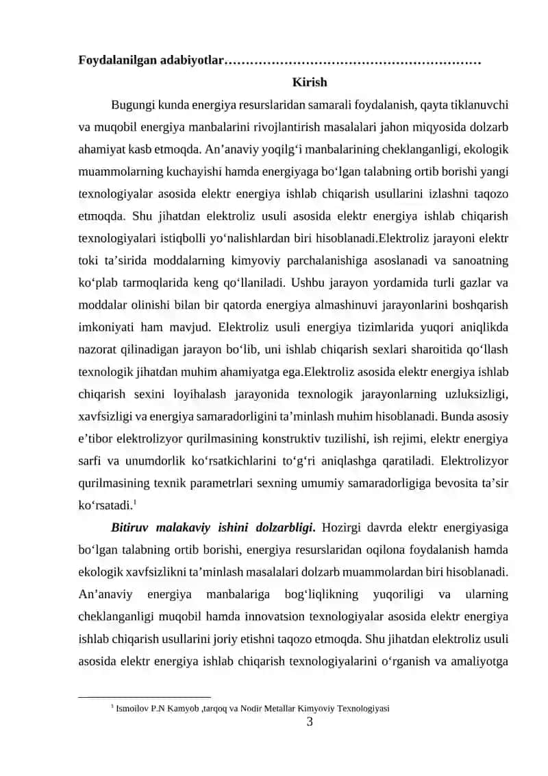 Eloktroliz usuli asosida elektr energiya ishlab chiqarish sexining loyihasi va elektrolizyor qurulmasi hisobi 3