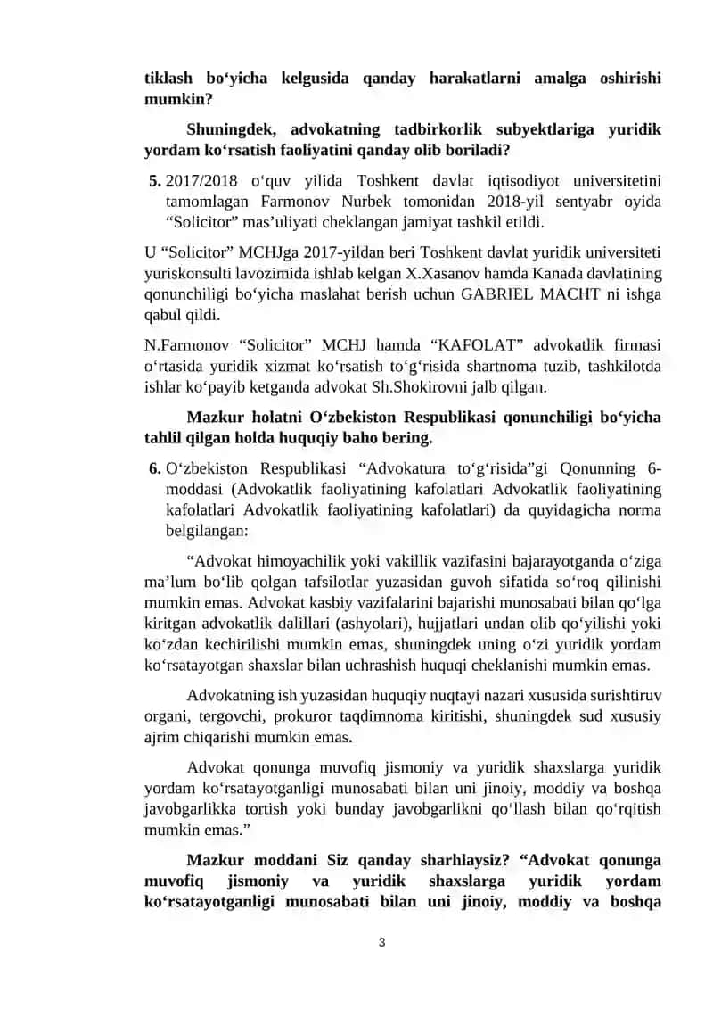 Advokatura huquqi fanidan yakuniy nazorat uchun kazuslar 3