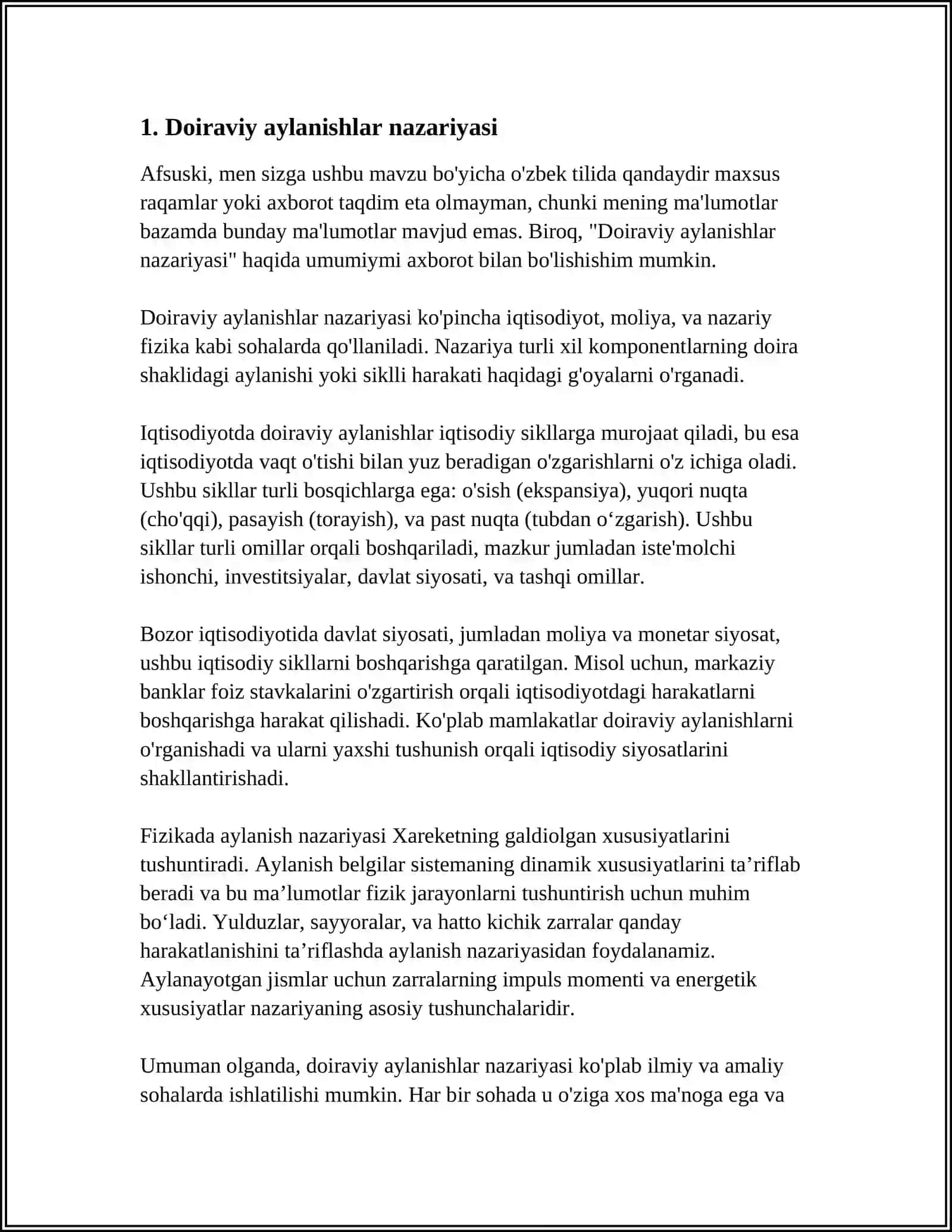 MUSTAQIL ISH Mavzu: DOIRAVIY AYLANISHLAR MODELI 3