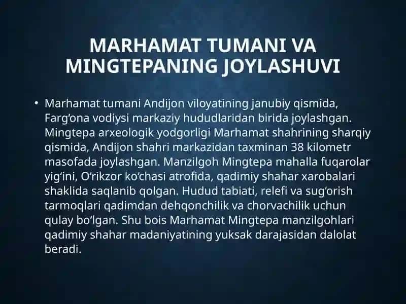 Marhamat Mingtepa manzilgohlari 3