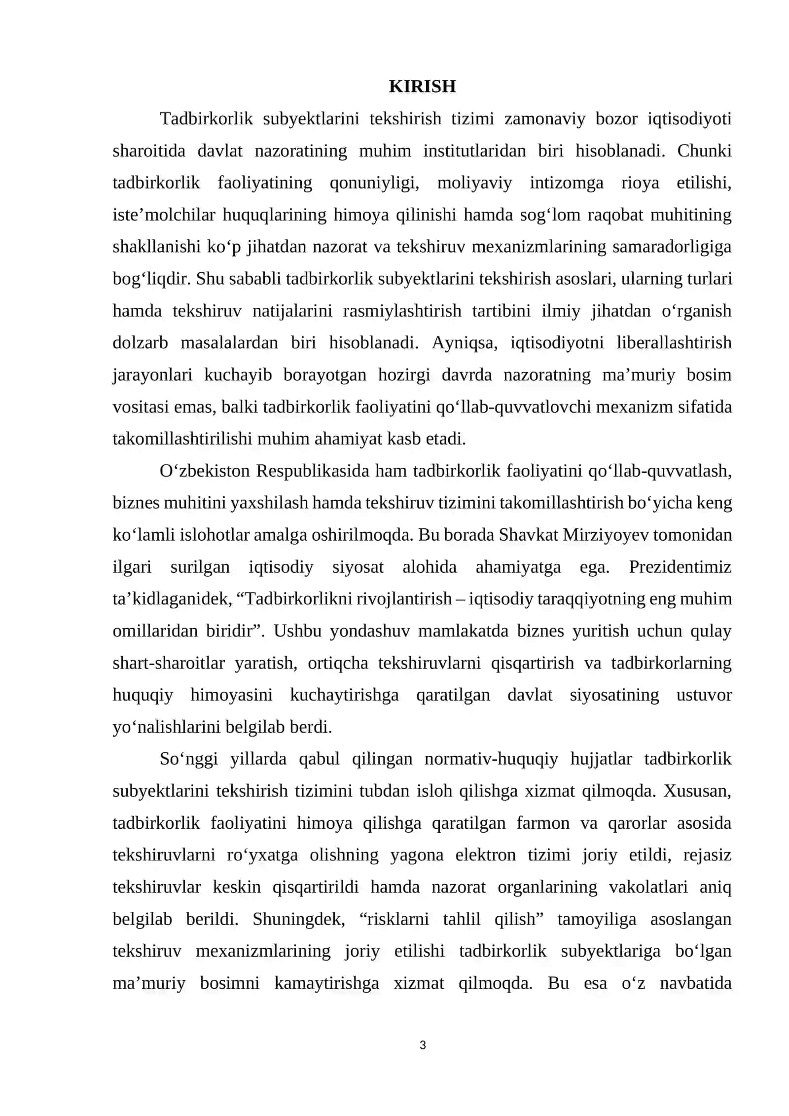 “Tadbirkorlik Subyektlarini tekshirish asoslari turlari va rasmiylashtirish” KURS ISHI 3