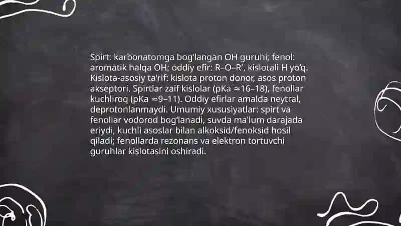 Spirt, fenol va oddiy efirlarning kislota asosli xossalari 3