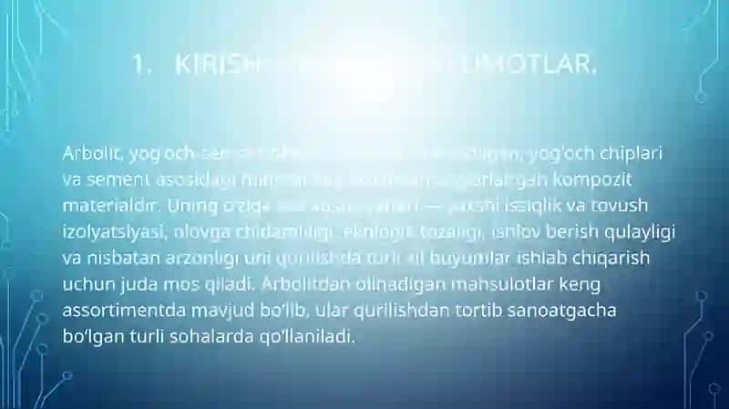 Arbolit Asosidagi Olinadigan Buyumlar Turari va Ishlatilish Sohalari 3