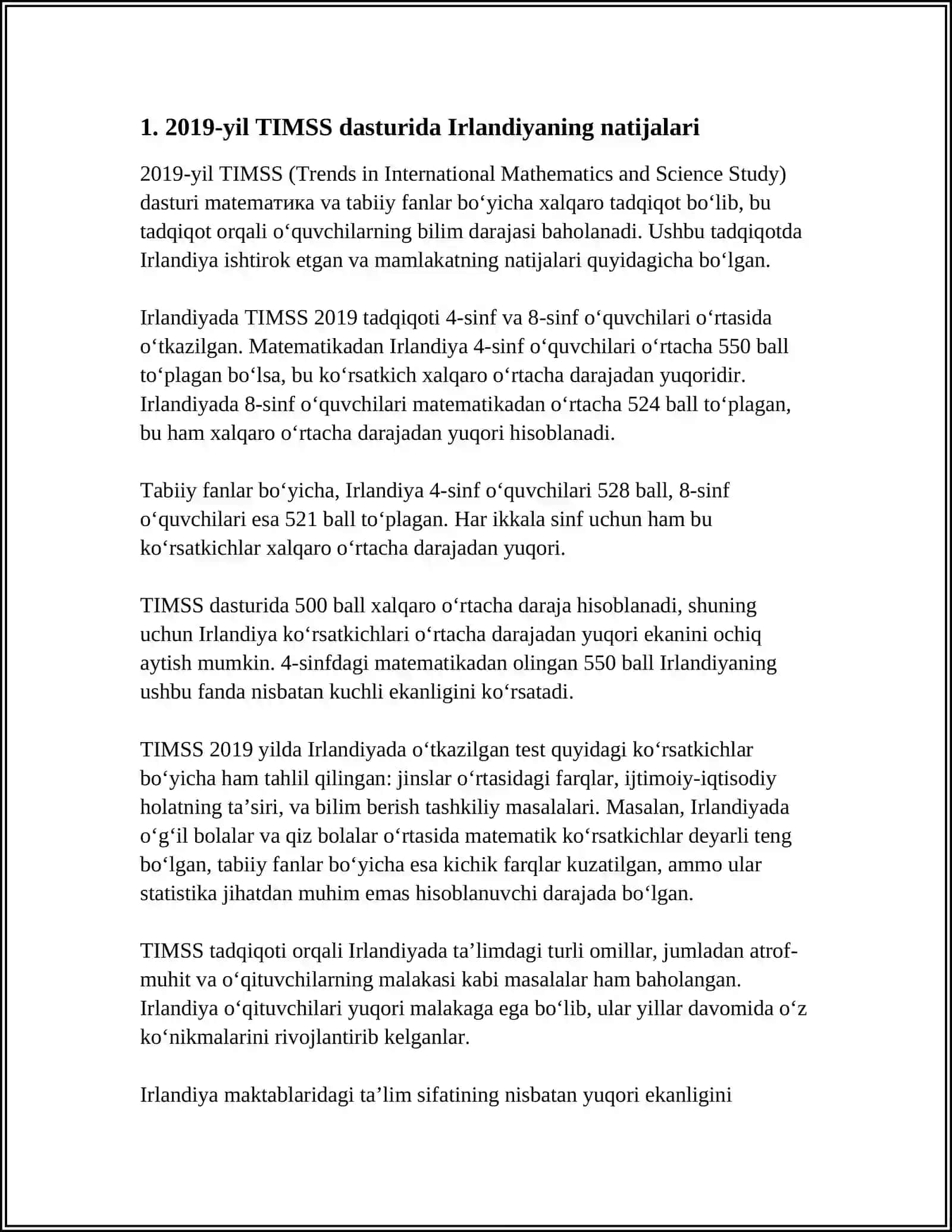 IRLANDIYA DAVLATINING TIMSS XALQARO BAHOLASH DASTURIDA 2019- YIL KOʻRSATGAN NATIJALARI 3