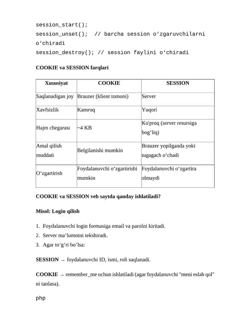 Veb saytlarda ma'lumotlar almashish, COOKIE va SESSIONdan foydalanish 3