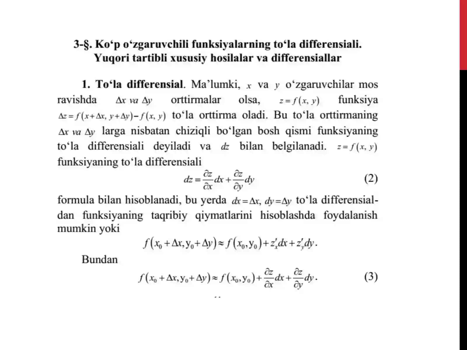 YUQORI TARTIBLI XUSUSIY HOSILALAR. YUQORI TARTIBLI DIFFERENSIALLAR. KO’P O’ZGARUVCHILI FUNKSIYANING EKSTREMUMLARI.SHARTLI EKSTREMUMLAR 3