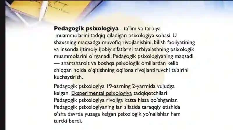 PEDAGOGIK PSIXOLOGIYA: PREDMET, TUZILMA, MUAMMOLARI, METODLARI VA YUZAGA KELISH TARIXI. PEDAGOG PSIXOLOGIYASI 3