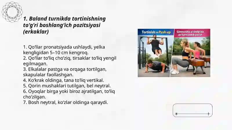 Baland turnikda tortinishning toʻgʻri boshlangʻich pozitsiyasi (erkaklar) 3