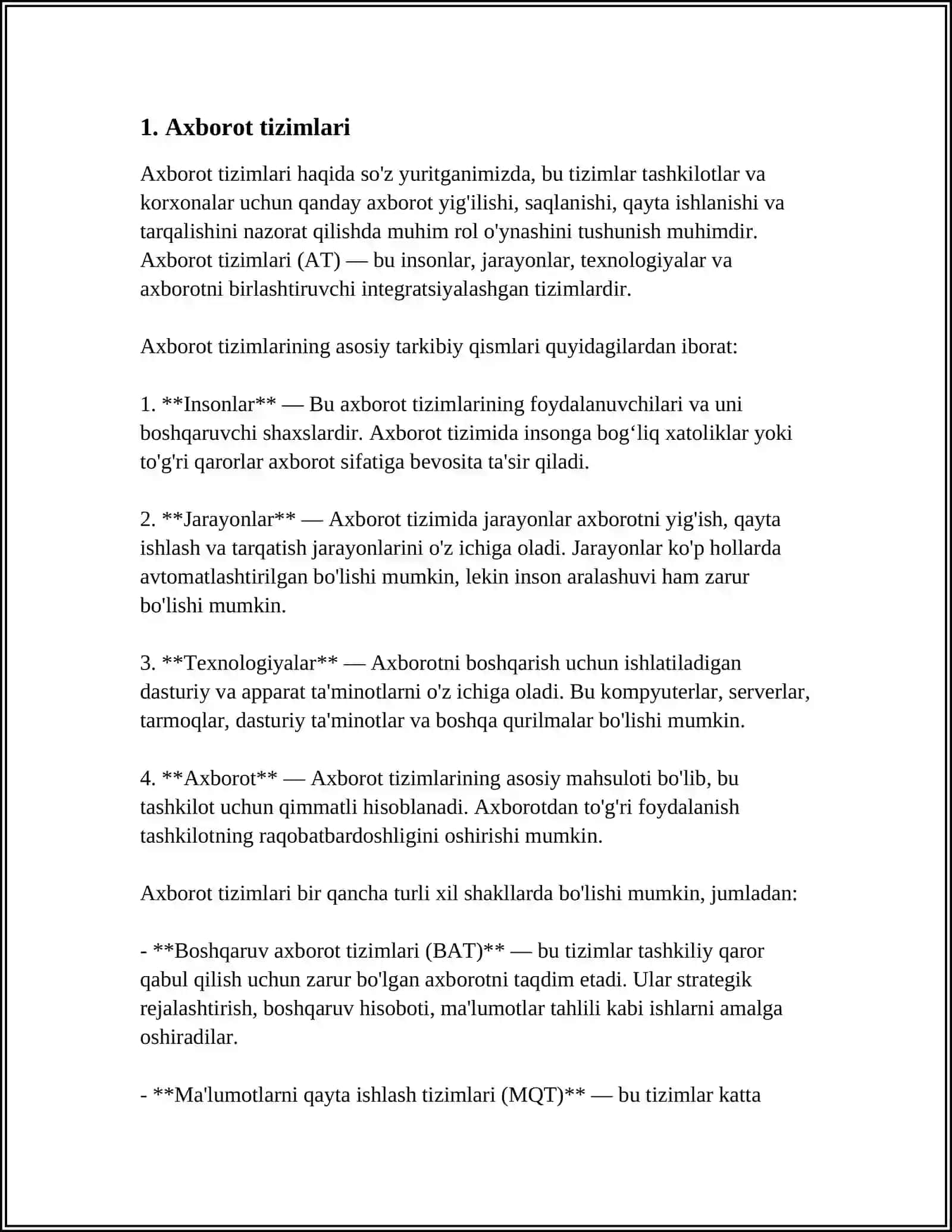 AXBOROT, AXBOROT TURLARI, AXBOROTLARNI QAYTA ISHLASH 3