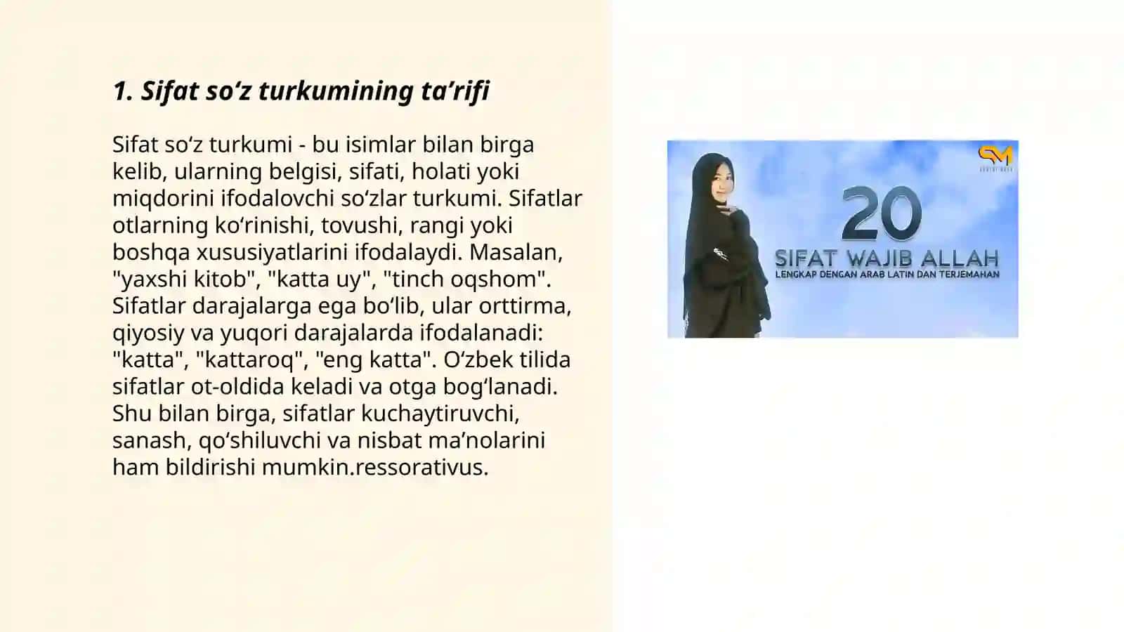 Sifat soʻz turkumining matndagi oʻrni 3