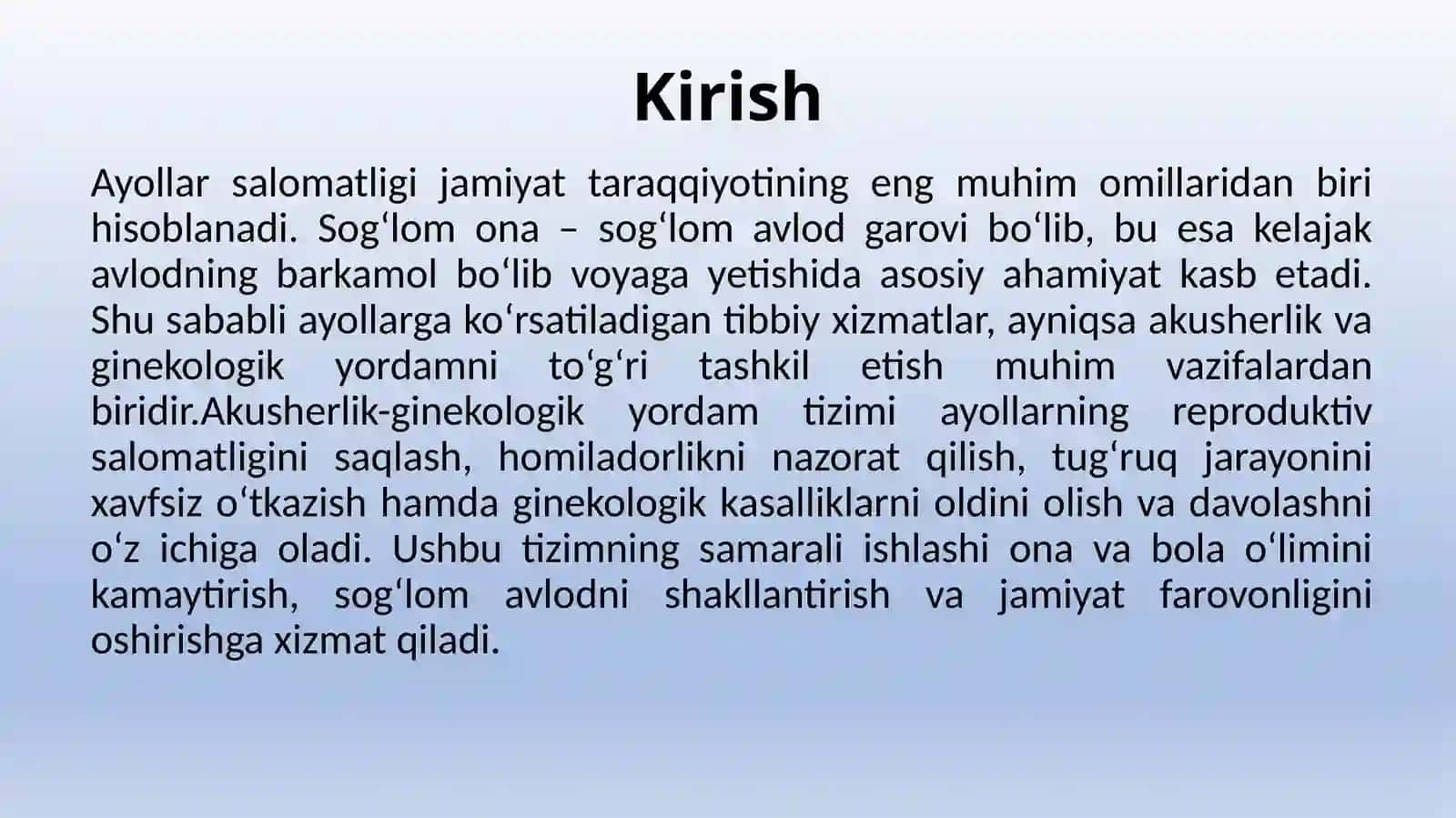 AYOLLARGA AKUSHERLIK GINEKOLOGIK YORDAM KO‘RSATISHNI TASHKIL ETISH 3