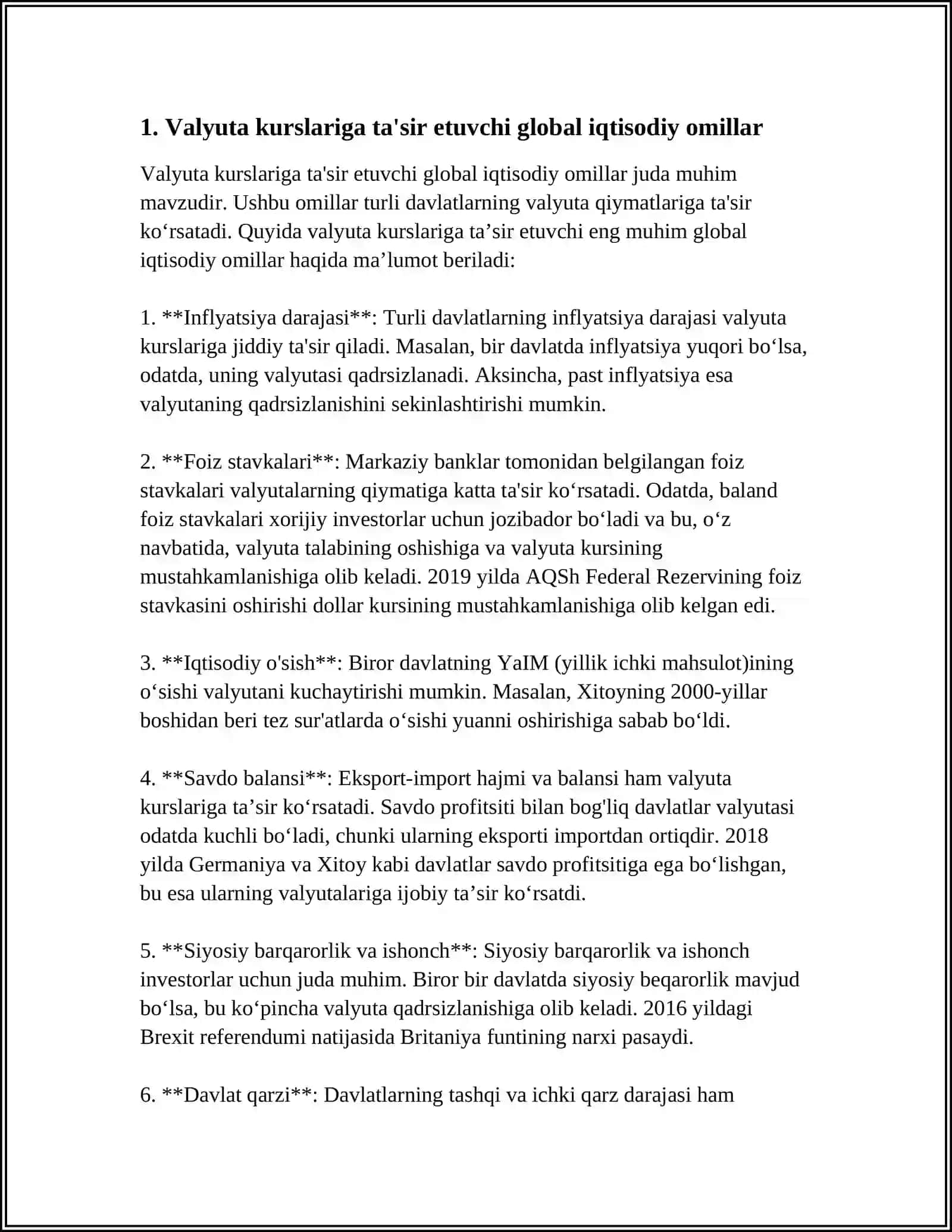 XALQARO VA MAHALLIY DARAJADA VALYUTA KURSIGA TAʼSIR ETUVCHI OMILLAR TAHLILI 3