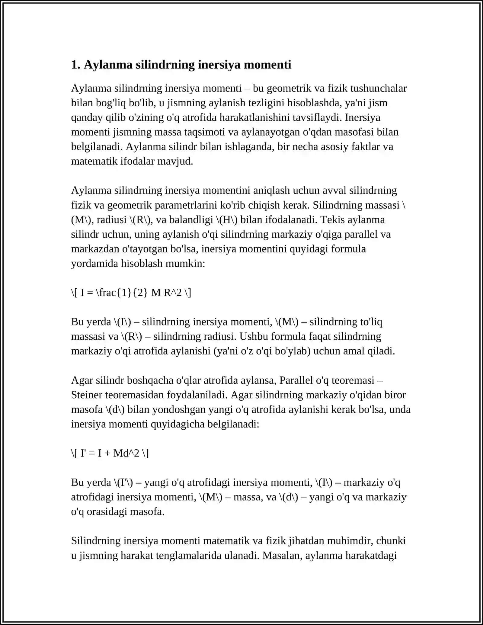 TURLI SHAKLDAGI JISMLARNING INERSIYA MOMENTLARINI HISOBLASH 3