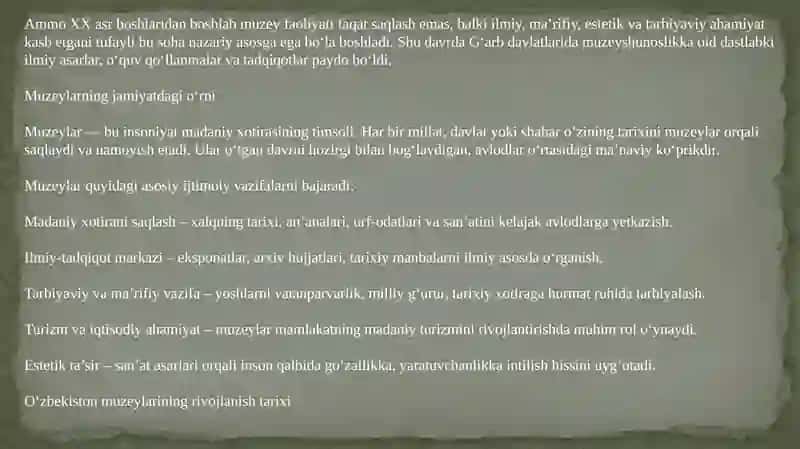 Muzeyshunoslik faniga kirish, fanning predmeti, maqsadi va vazifalari. 3