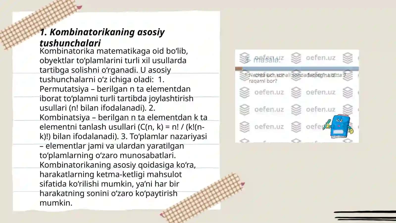 Kombinatorikaning asosiy prinsipi va kombinatorikaning baʼzi formulalari 3