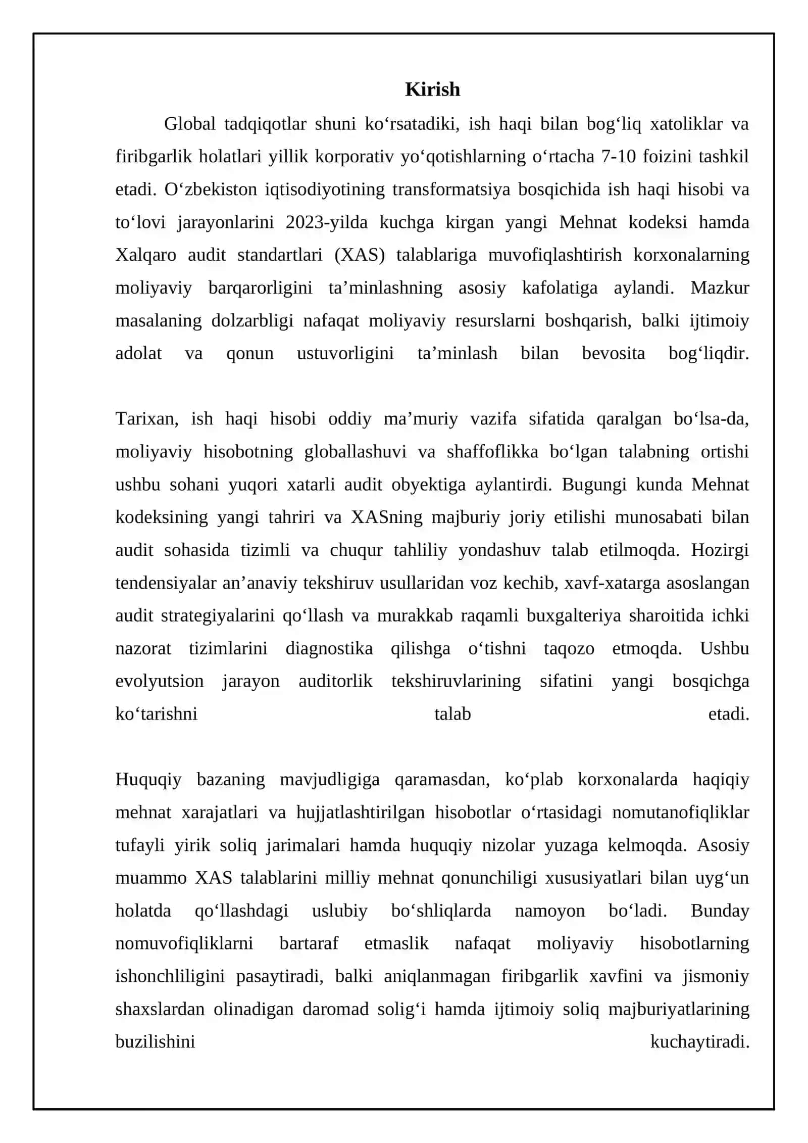 Mehnat haqi hisobi va toʻlash jarayoni auditi: mehnat qonunchiligi va xalqaro audit standartlari 3