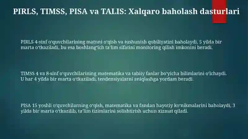 PIRLS, TIMSS, PISA TALIS xalqaro baholash dasturining vujudga kelish tarixi va mazmun va mohiyati 3