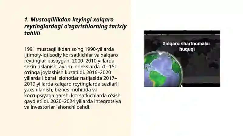 Oʻzbekistonning xalqaro reytinglardagi ko'rsatkichlarini ko'tarishning tarixiy va siyosiy ahamiyati 3