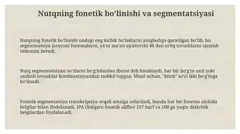 Nutqning fonetik bo'linishi.Nutq tovushlarining o'zgarishlari 3