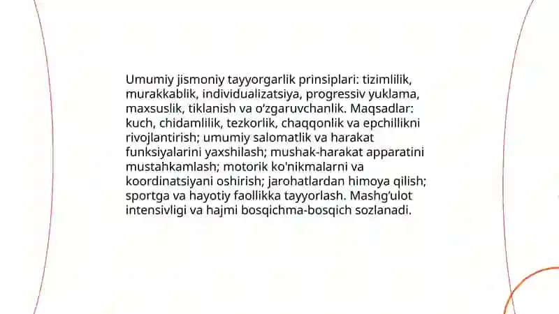 Umumiy jismoniy tayyorgarlik. Jismoniy sifatlarni rivojlantirish. Kuch,chidamlilik,tezkorlik,chaqqonlik,epchillik sifatlari boʻyicha 3