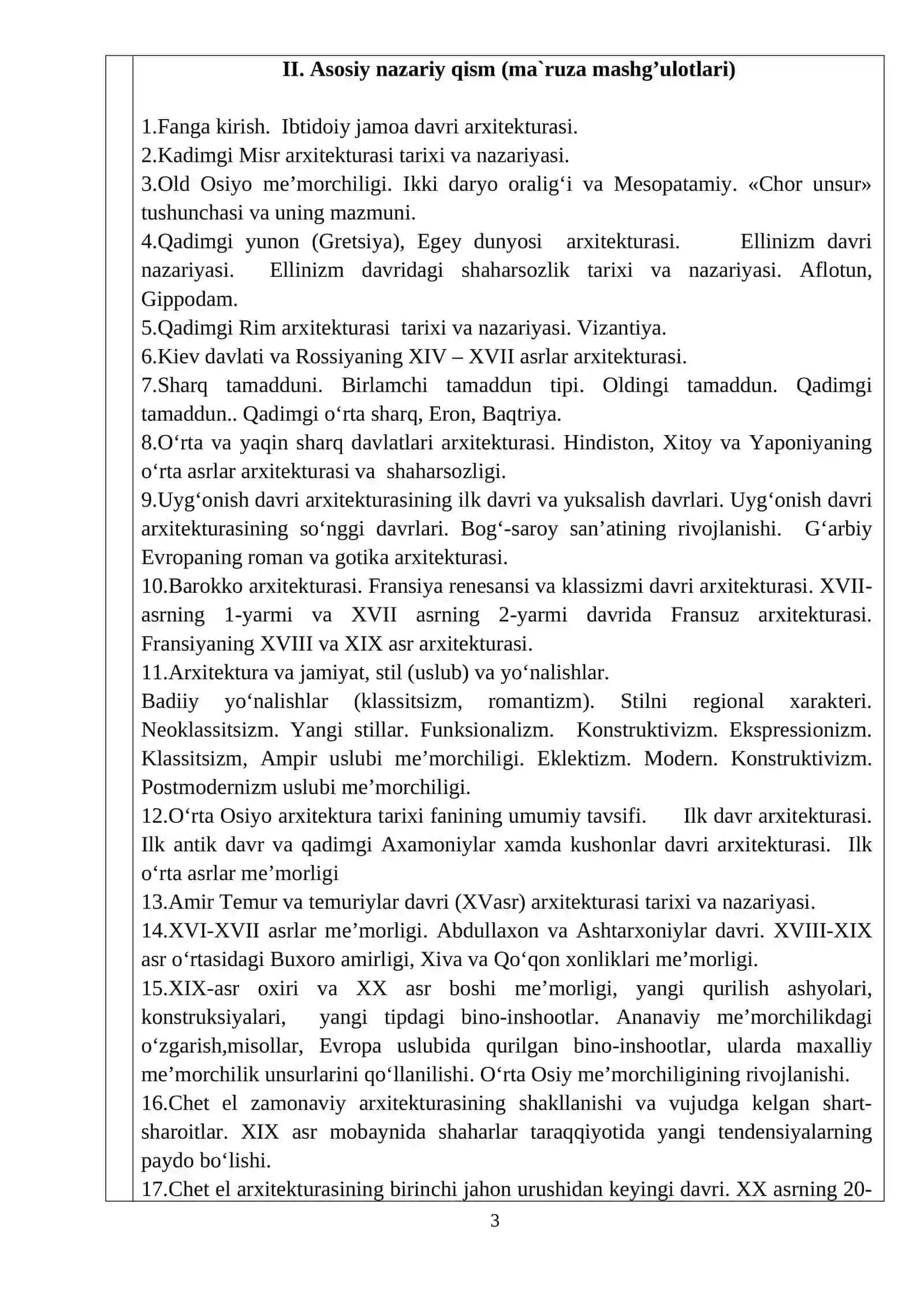 “ARXITEKTURA VA QURILISH TARIXI” FANINING O‘QUV DASTURI 3