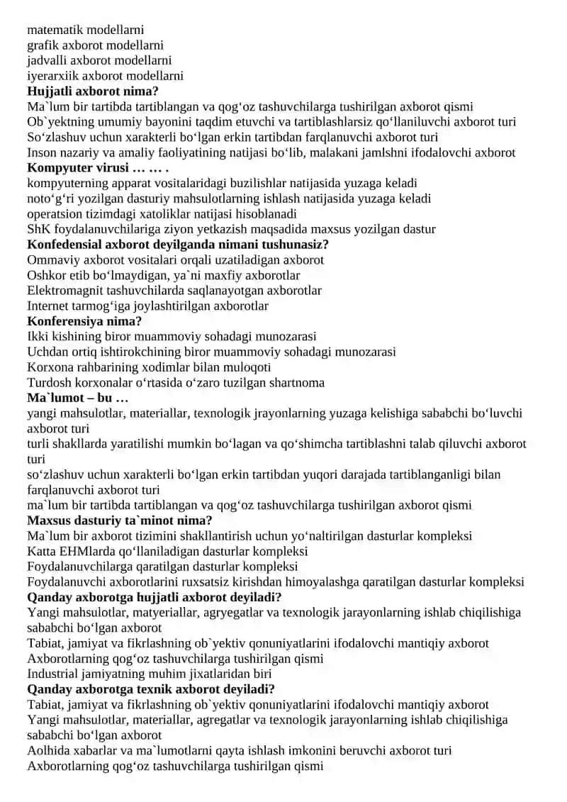 “AXBOROT TEXNOLOGIYALARI” FANI BO‘YICHA  BAKALAVRIAT TA’LIM YO‘NALISHLARI UCHUN  TEST SAVOLLARI 3