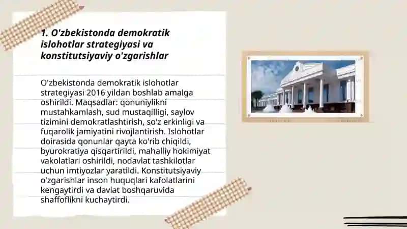 Uzbekistonda demokratik, fuqarolik jamiyati asoslarining shakllanishi, amalga oshirilgan siyosiy islohotlar 3