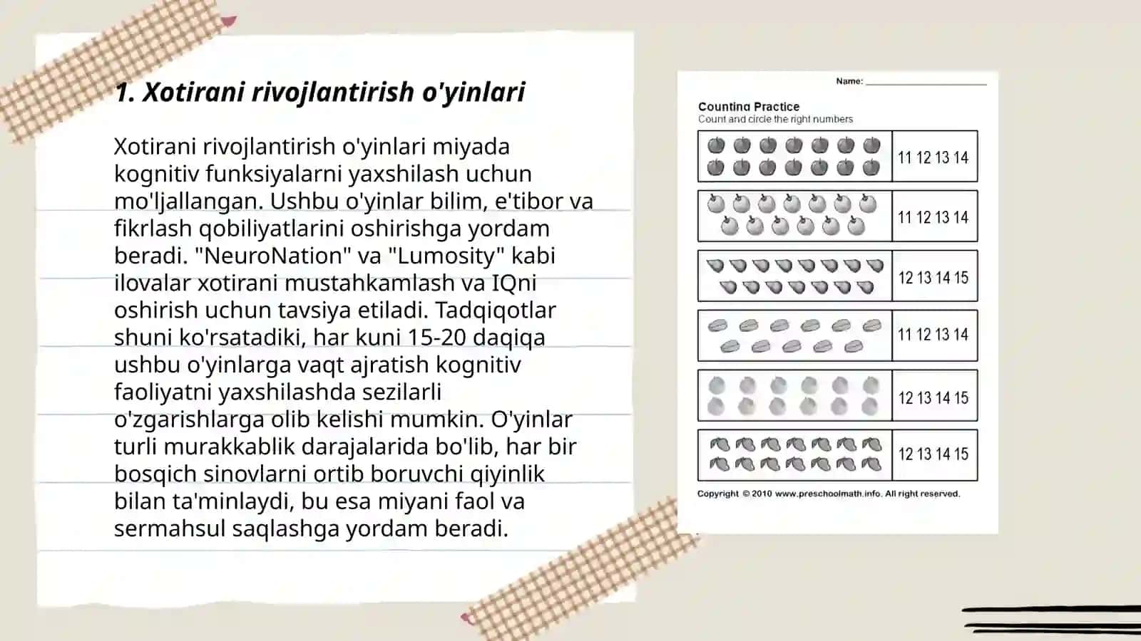 Xotirani rivojlantirish o'yinlari 3