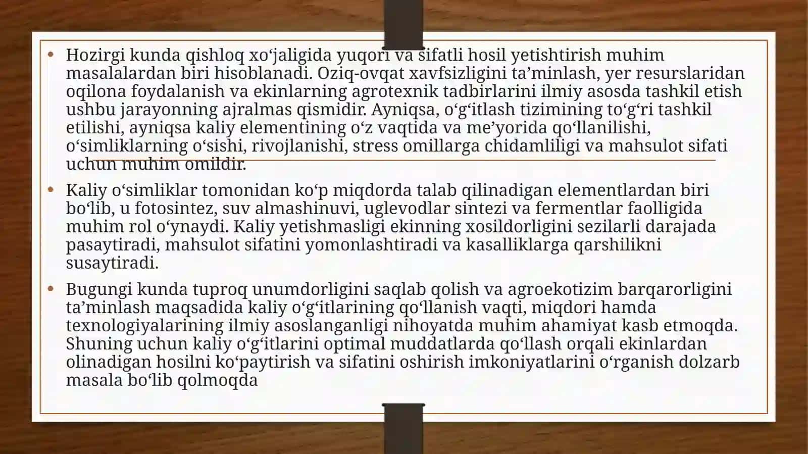 KALIY O’G’ITLARINI QO’LLASH MUDDATLARINING QISHLOQ XO’JALIGI EKINLARINING XOSILI VA SIFATIGA TASIRI 3
