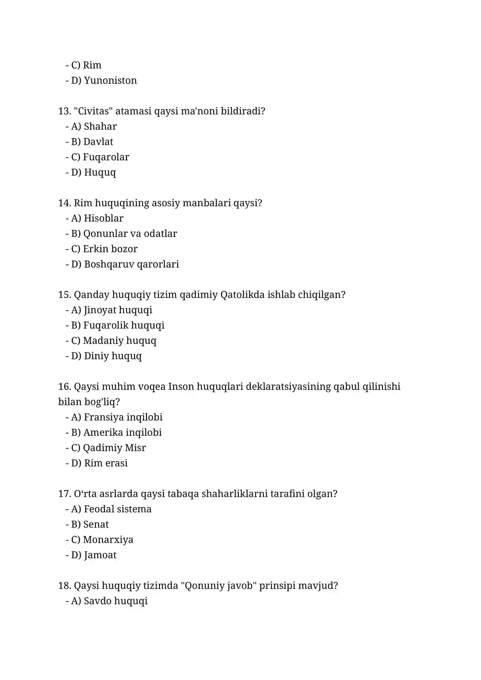 Davlat va Huquq Tarixi - 50 ta Test Savoli 3