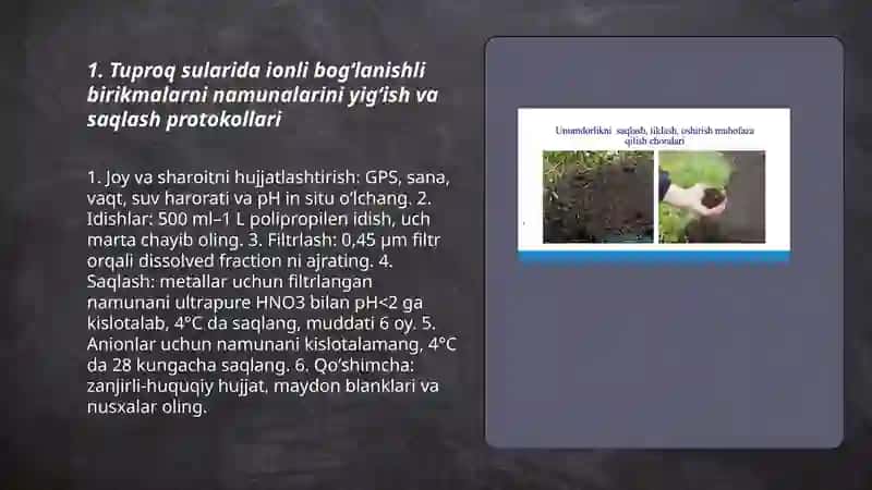Tuproq suvni ifloslanishida ionli bogʻlanishli birikmalarni aniqlab ulardan tozalash gʻoyasini ishlab chiqish 3