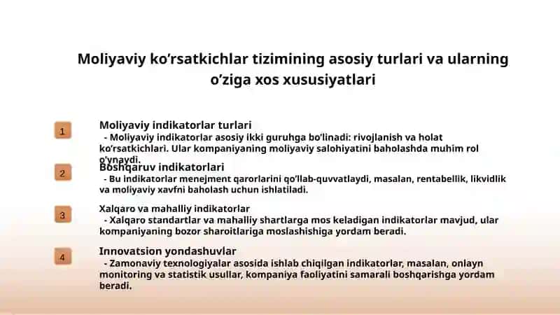 Moliyaviy ko’rsatkichlar tizimini o’rganish va ularning kompaniya boshqaruvidagi ro’lini tahlil qilish 3