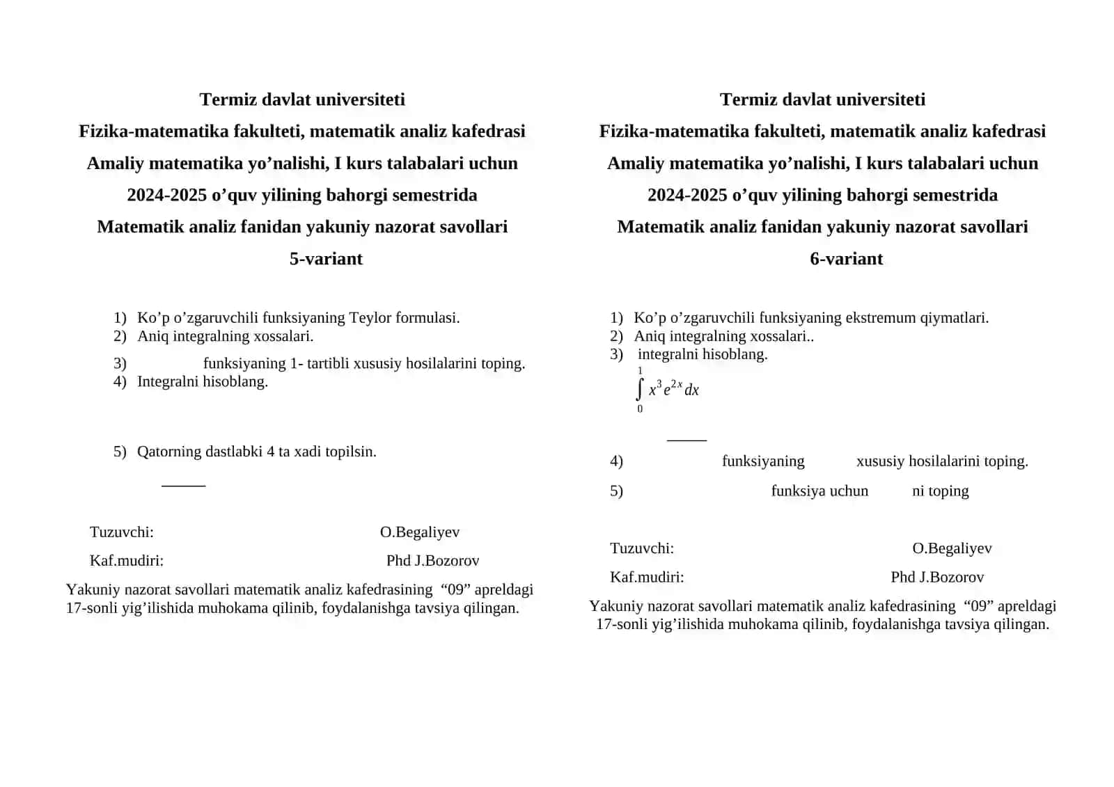 Matematik analiz fanidan yakuniy nazorat savollari 3