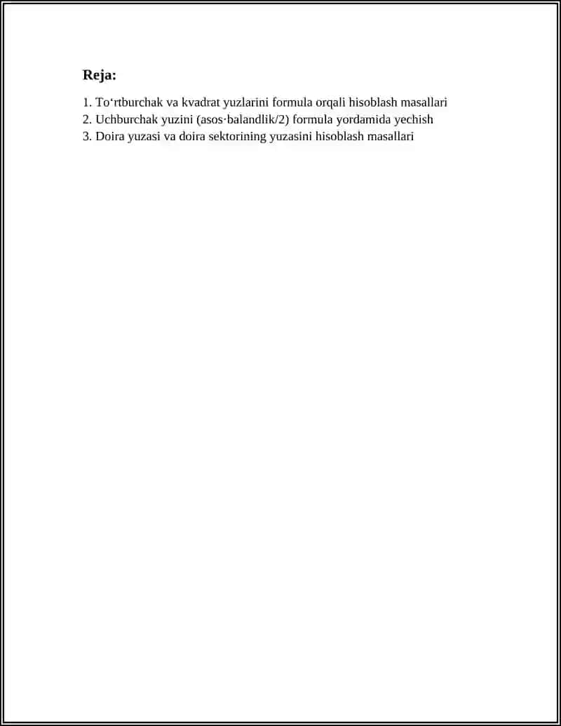 Toʻrtburchak va kvadrat yuzlarini formula orqali hisoblash masallari 3