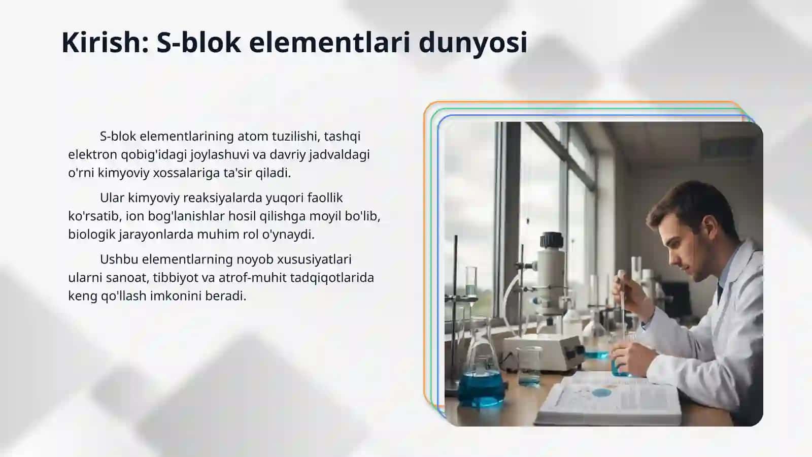 S-blok elementlarining umumiy tavsifi. Biologik roli. Konsentratsiya gradienti. 3