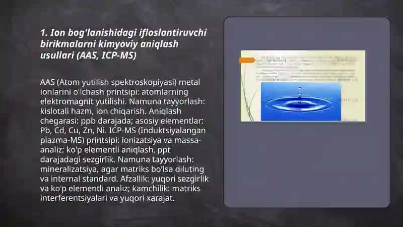 Ion bog'lanishidagi ifloslantiruvchi birikmalarni aniqlash usullari 3