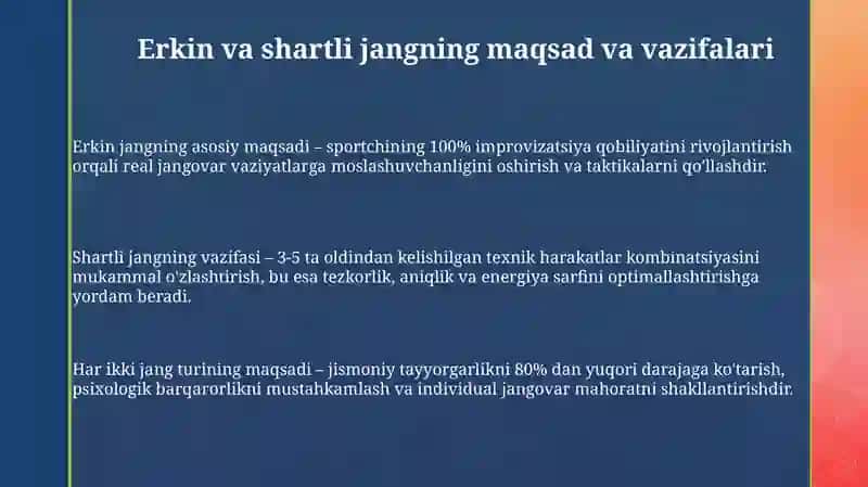 Juftlikda erkin va shartli jang o'tkazish uslubyati 3