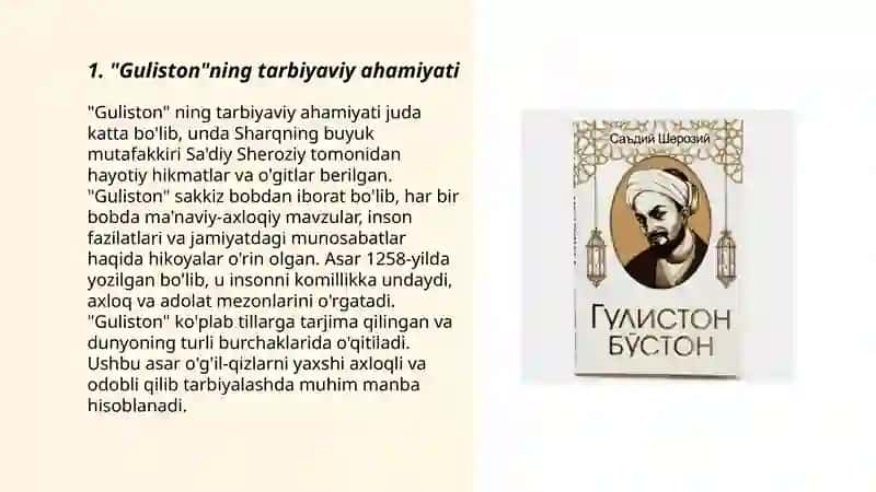 Sa'diy Sheroziy "Guliston" asarining Sharq adabiyotida tutgan o'rni 3