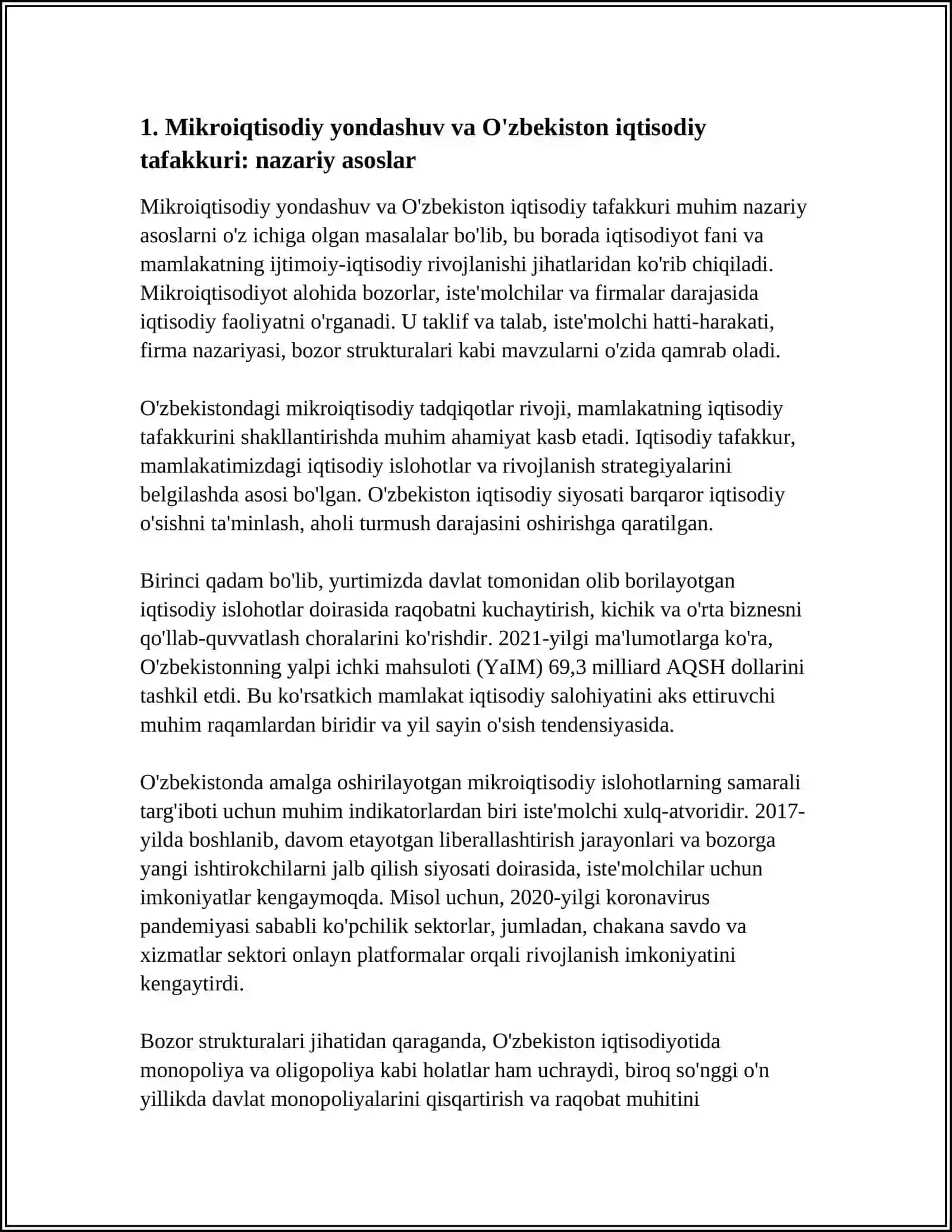 O'ZBEKISTON IQTISODIY TAFAKKURNING SHAKLLANISHIDA MIKROIQTISODIY YONDASHUVNING O'RNI REFERAT 3
