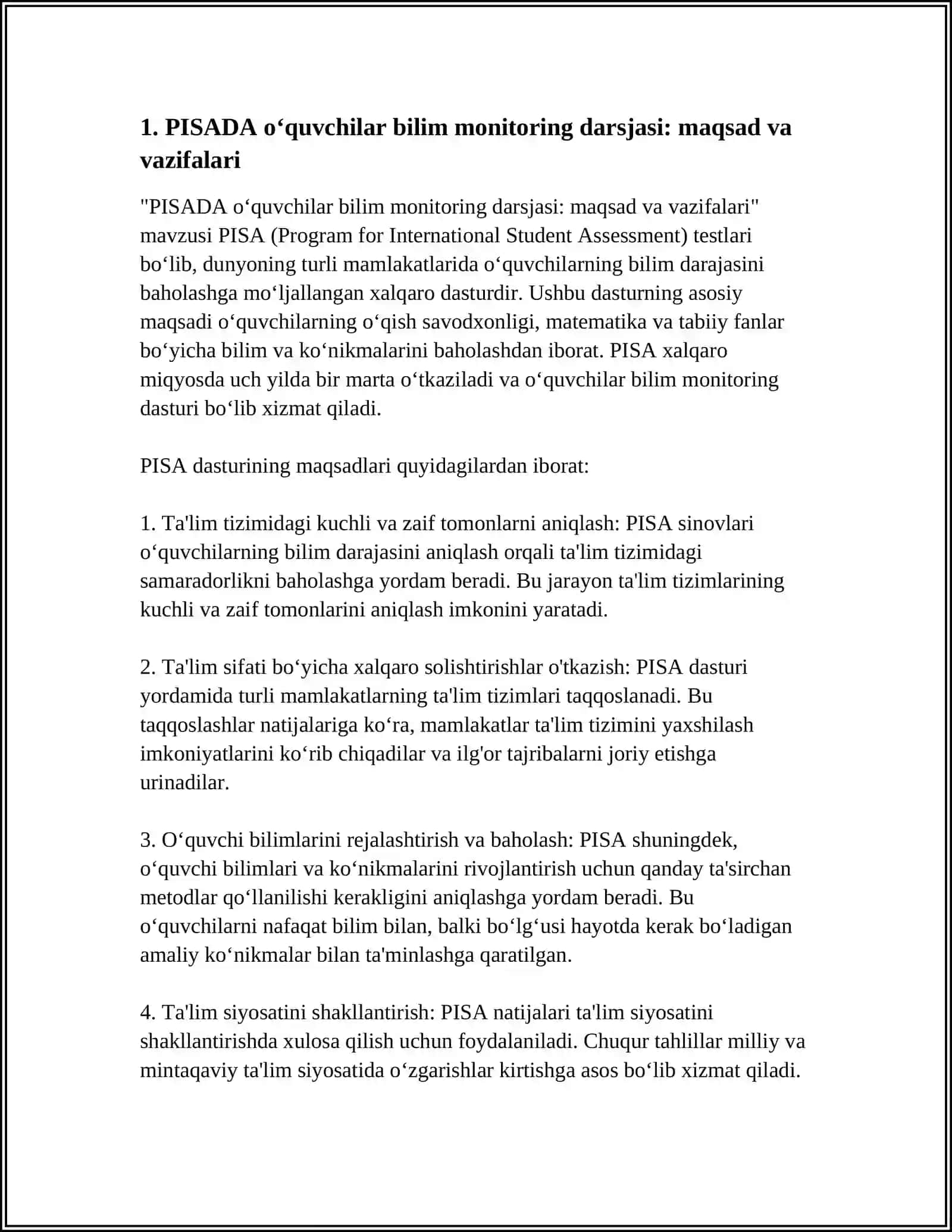 PISADA OʻQUVCHILAR BILIM MONITORING DARSJASI 3
