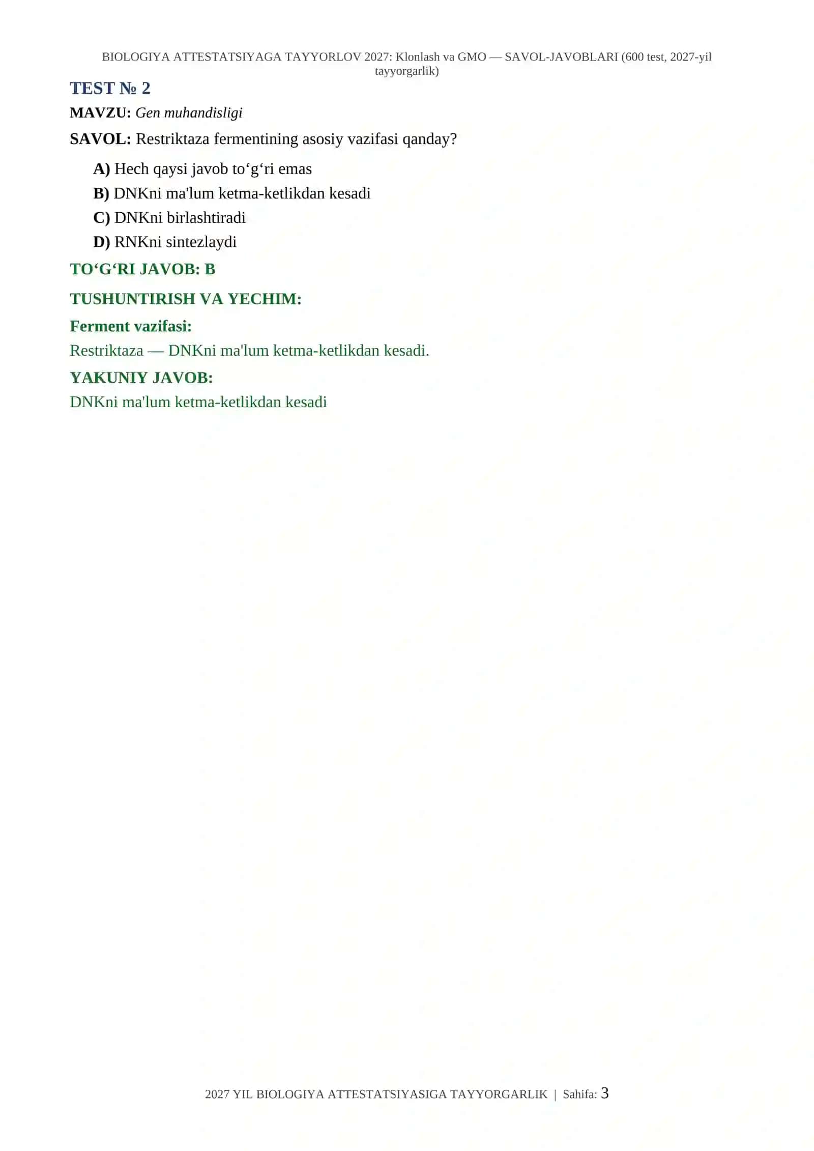 BIOLOGIYA ATTESTATSIYAGA TAYYORLOV 2027: Klonlash va GMO — SAVOL-JAVOBLARI (600 test, 2027-yil tayyorgarlik) 3