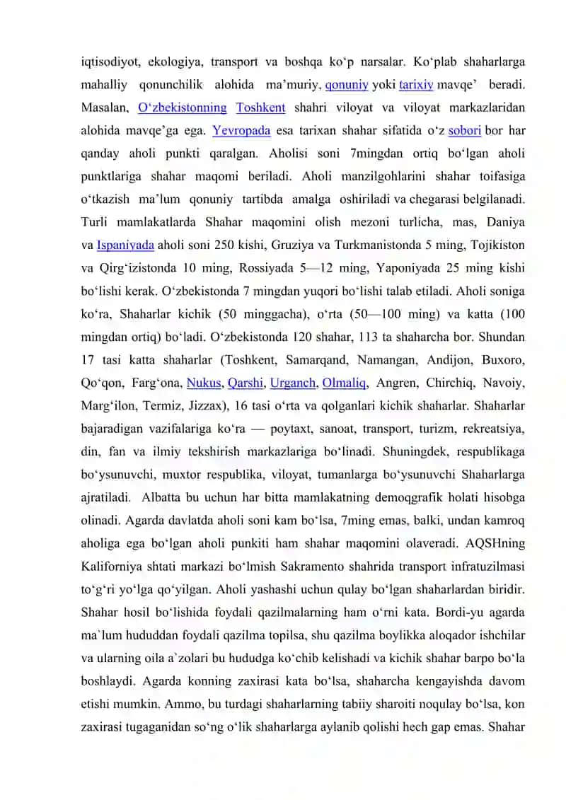 Shaharlar geografiyasi. Mustaqil ish. 3