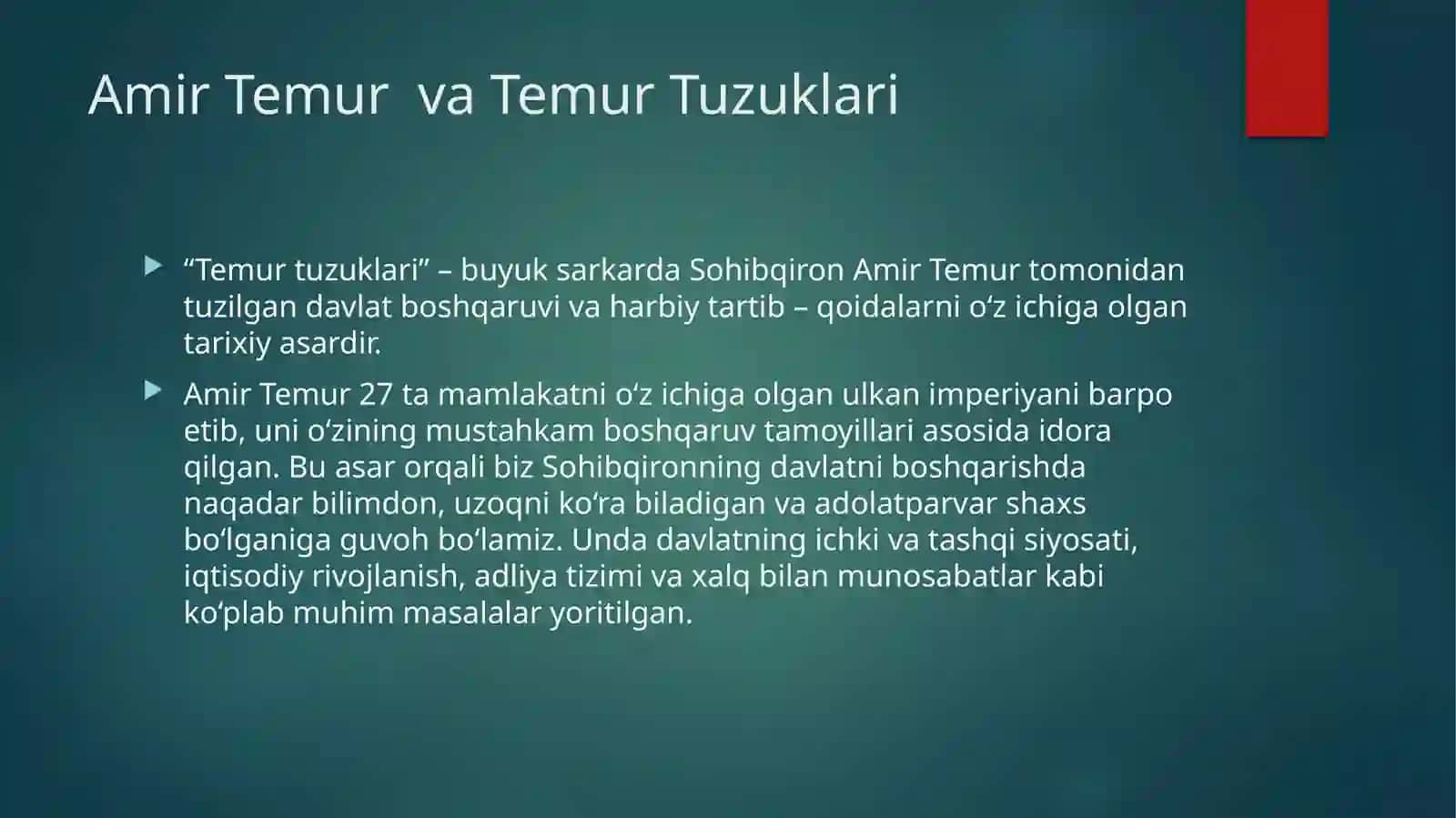 TEMUR TUZUKLARI ASARIDA DAVLATCHILIKNI BOSHQARISH TAMOYILLARI HAQIQAT VA ADOLATNI O‘RNATISHDA INSONPARVARLIK G‘OYALARI 3