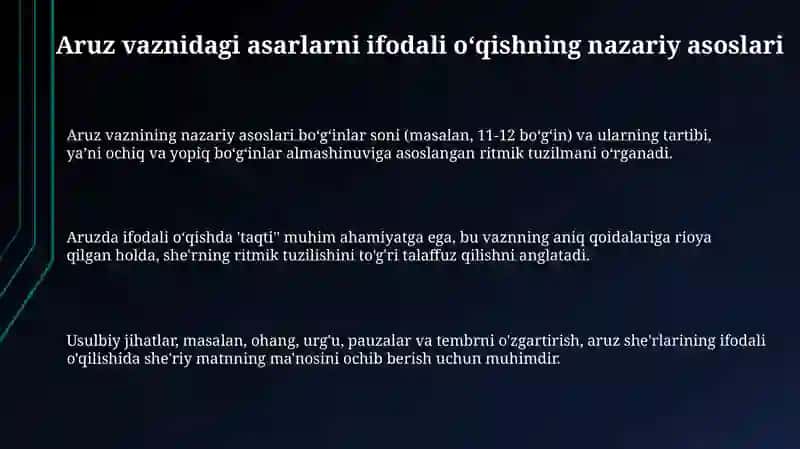 Aruz vaznidagi asarlarni ifodali oqish 3